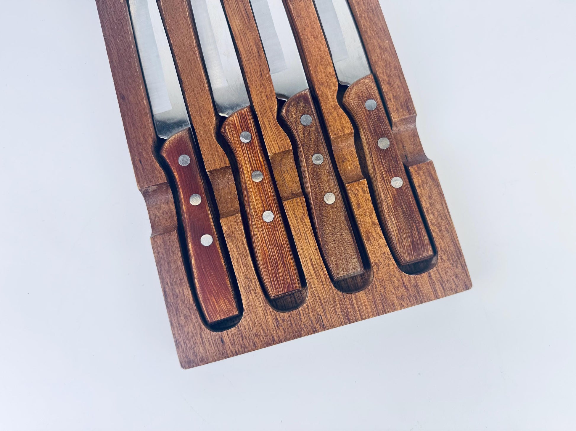 Product image for 'vintage japanese stainless steel wood knife set set of 4 wall mount block' (view db4471)