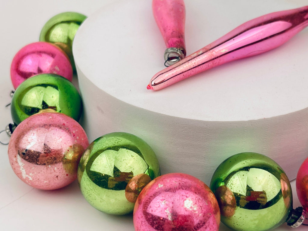 Product image for 'vintage mini pink green glass christmas ornaments set of 14 round icicle 1950s' (view 3bcd65)