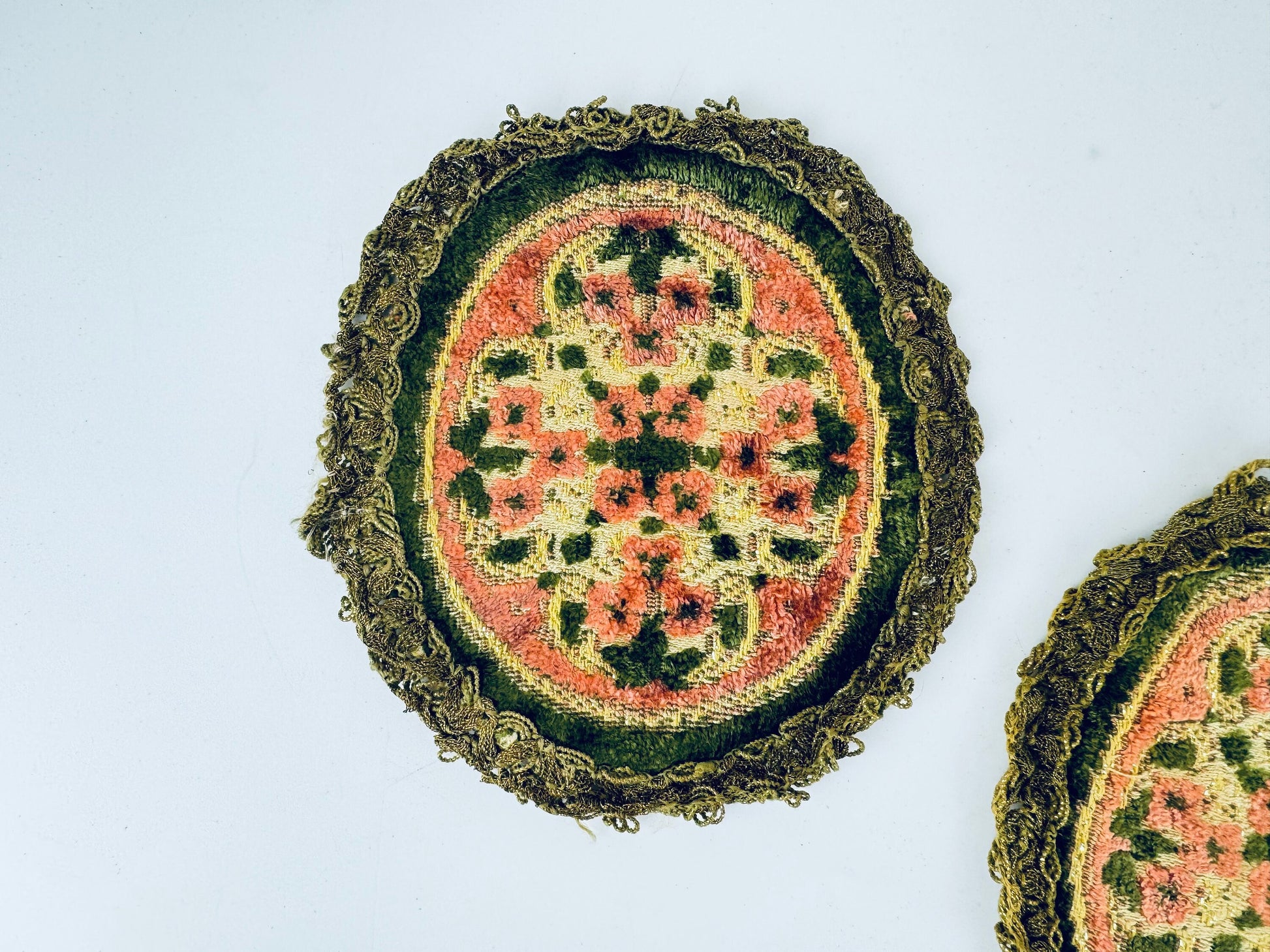 Product image for 'vintage round floral dressing table mats doilies metallic lace trim made in belgium sets sold separately' (view be5362)