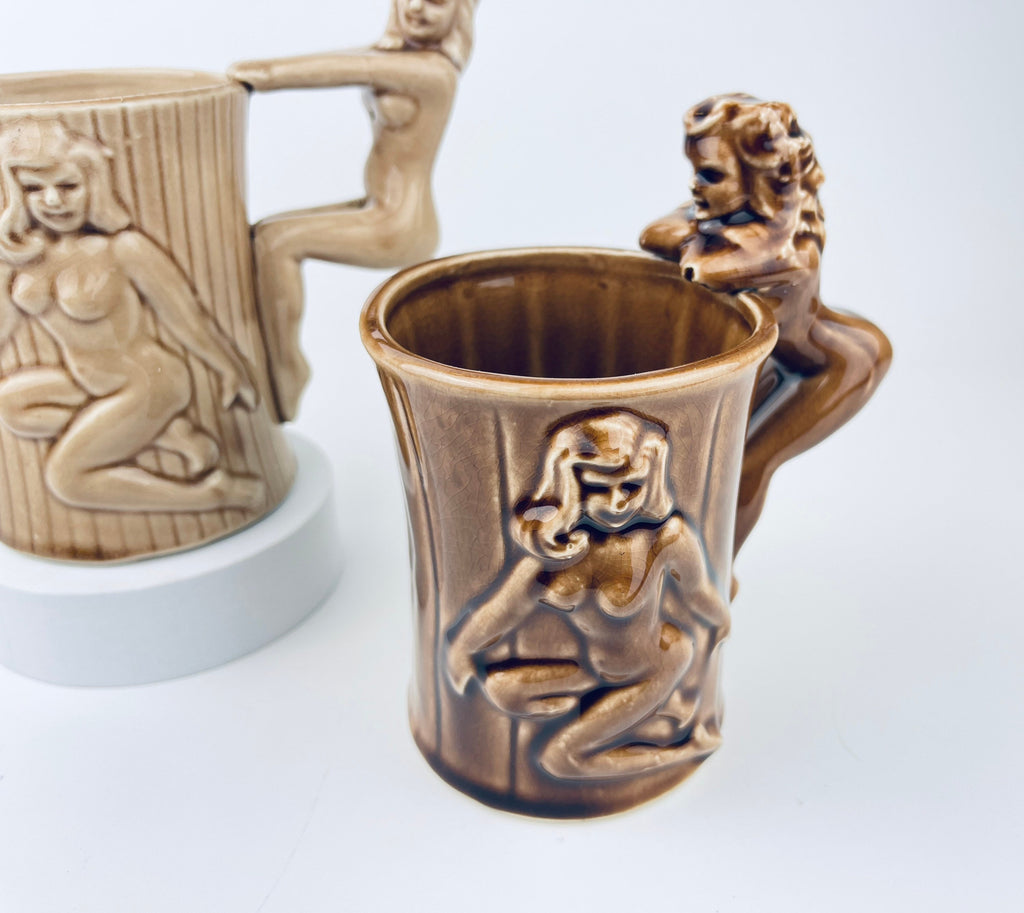 Product image for 'vintage risque nude woman barrel shaped brown ceramic mug sold individually groomsmen barware gift made in japan' (view 686561)