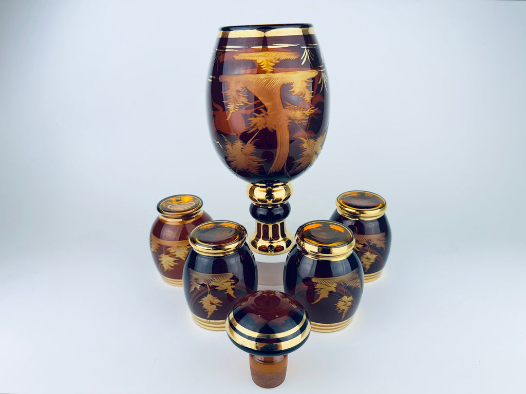 Product image for 'vintage dark brown gold striped egermann stag landscape barware set glass decanter four 4 roly poly glasses made in czechoslovakia' (view 647fee)