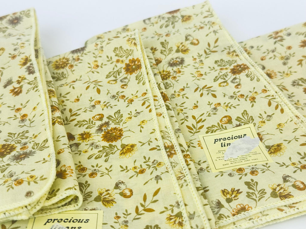 Product image for 'vintage pale yellow floral fabric napkins set of four 4 new old stock nos made in hong kong' (view bd1721)