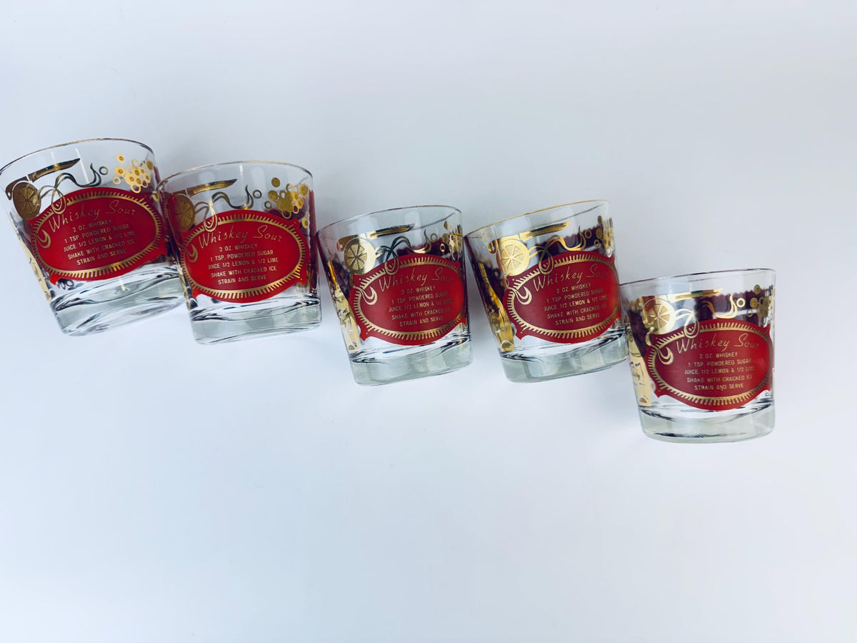 Product image for 'vintage jeanette glass heres how red and gold old fashioned glasses set of five 5' (view bb36af)