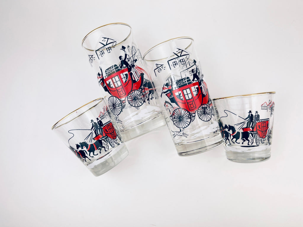 Product image for 'vintage winter stagecoach libbey drinking glasses highball lowball set of four 4 gold rimmed top' (view 5c25ce)