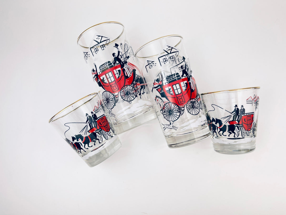 Product image for 'vintage winter stagecoach libbey drinking glasses highball lowball set of four 4 gold rimmed top' (view 5c25ce)