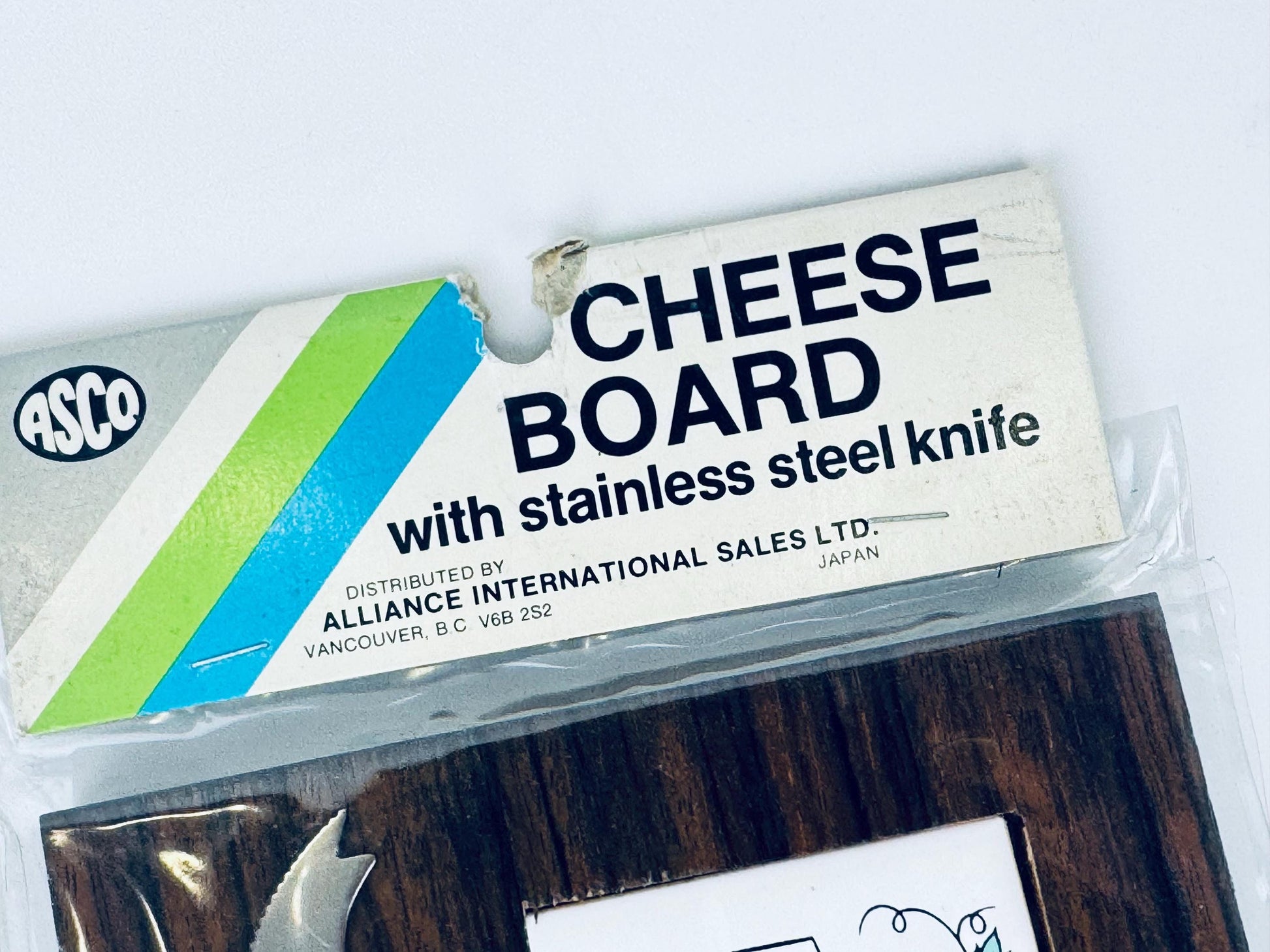 Product image for 'vintage 1970s mid century modern wood tile cheese board with stainless steel knife japan charcuterie serving tray' (view 720068)