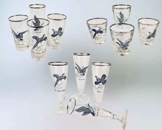 Product image for 'vintage foul bird drinking glasses clear silver rimmed perfect hunter gift sets sold separately' (view 980366)