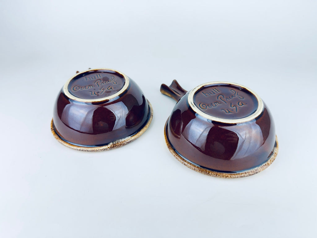 Product image for 'vintage hull oven proof usa handled soup bowls set of two 2 ceramic drip glazed brown' (view b73d97)