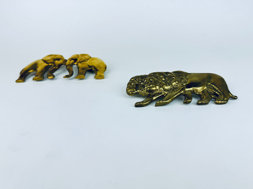 Product image for 'vintage hand made solid brass double lion elephant belt buckle attractive aged metal patina sold separately' (view ebf278)