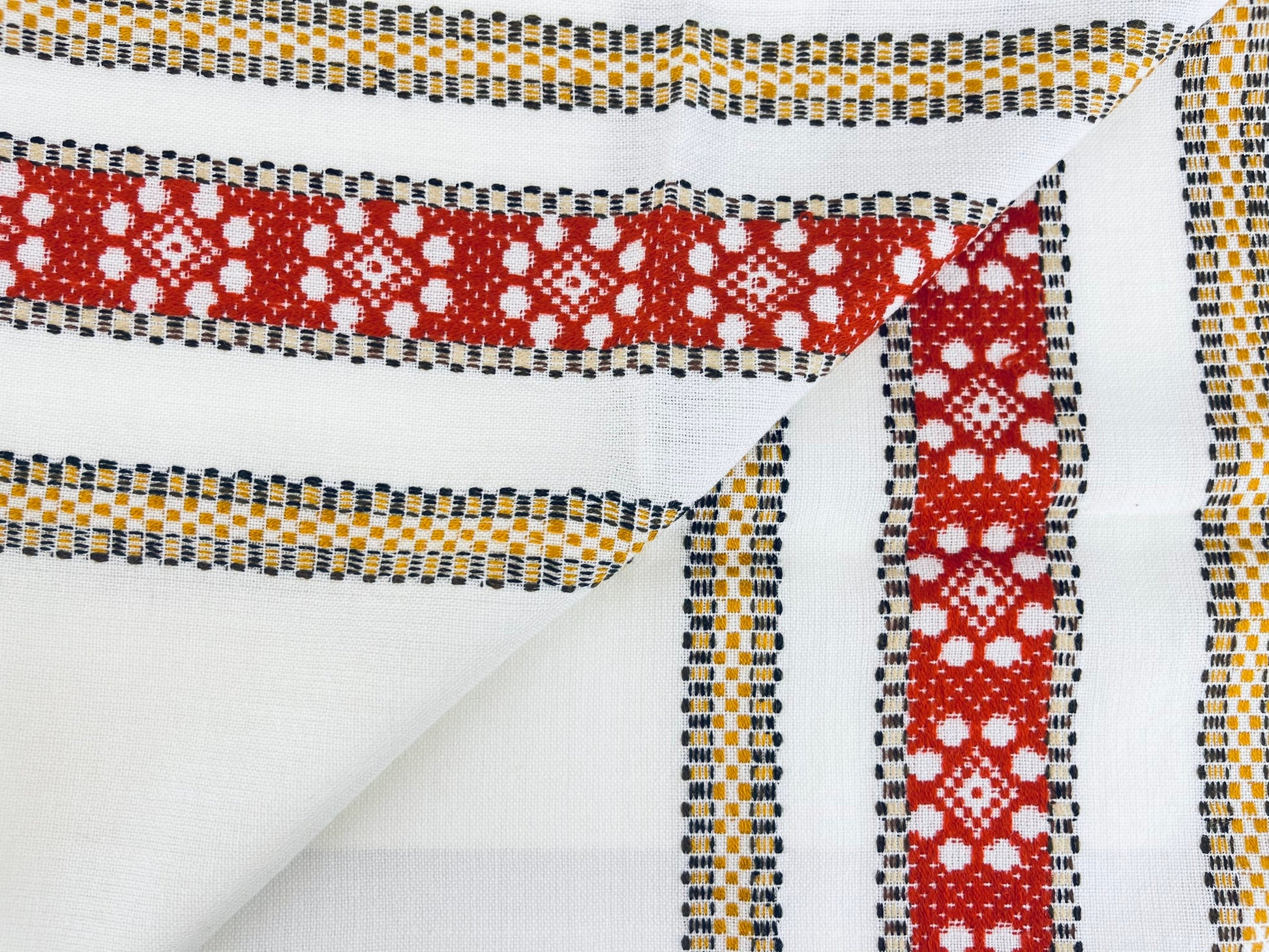 Product image for 'vintage square linen fringe table cloth striped geometric pattern' (view 2170fe)