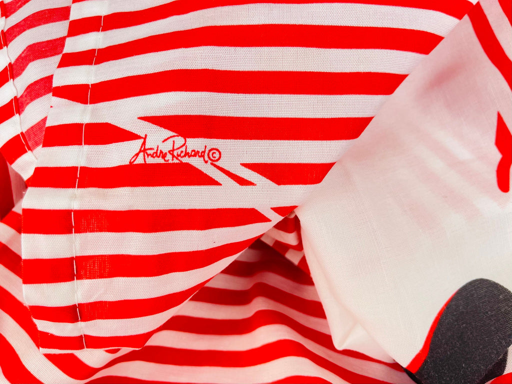 Product image for 'vintage 80s red striped white black flower pattern shower curtain designed by andre richard made in canada' (view e8224f)