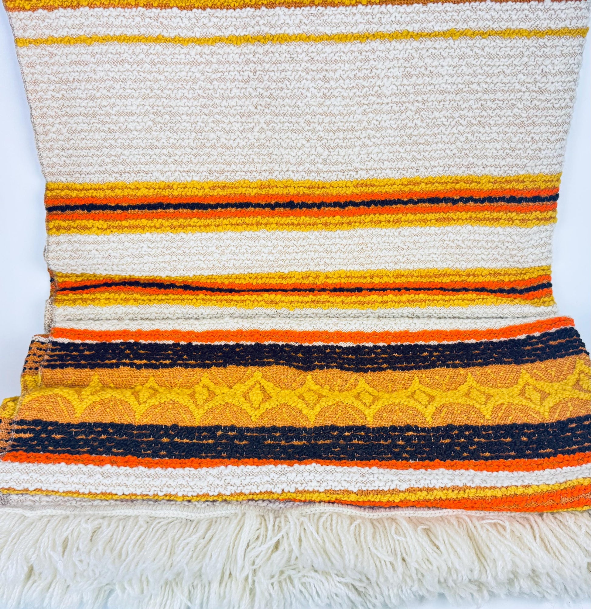 Product image for 'vintage 1970s acrylic rug 50 x72 sculpted loop pile with fringe retro geometric floor rug' (view e1b194)