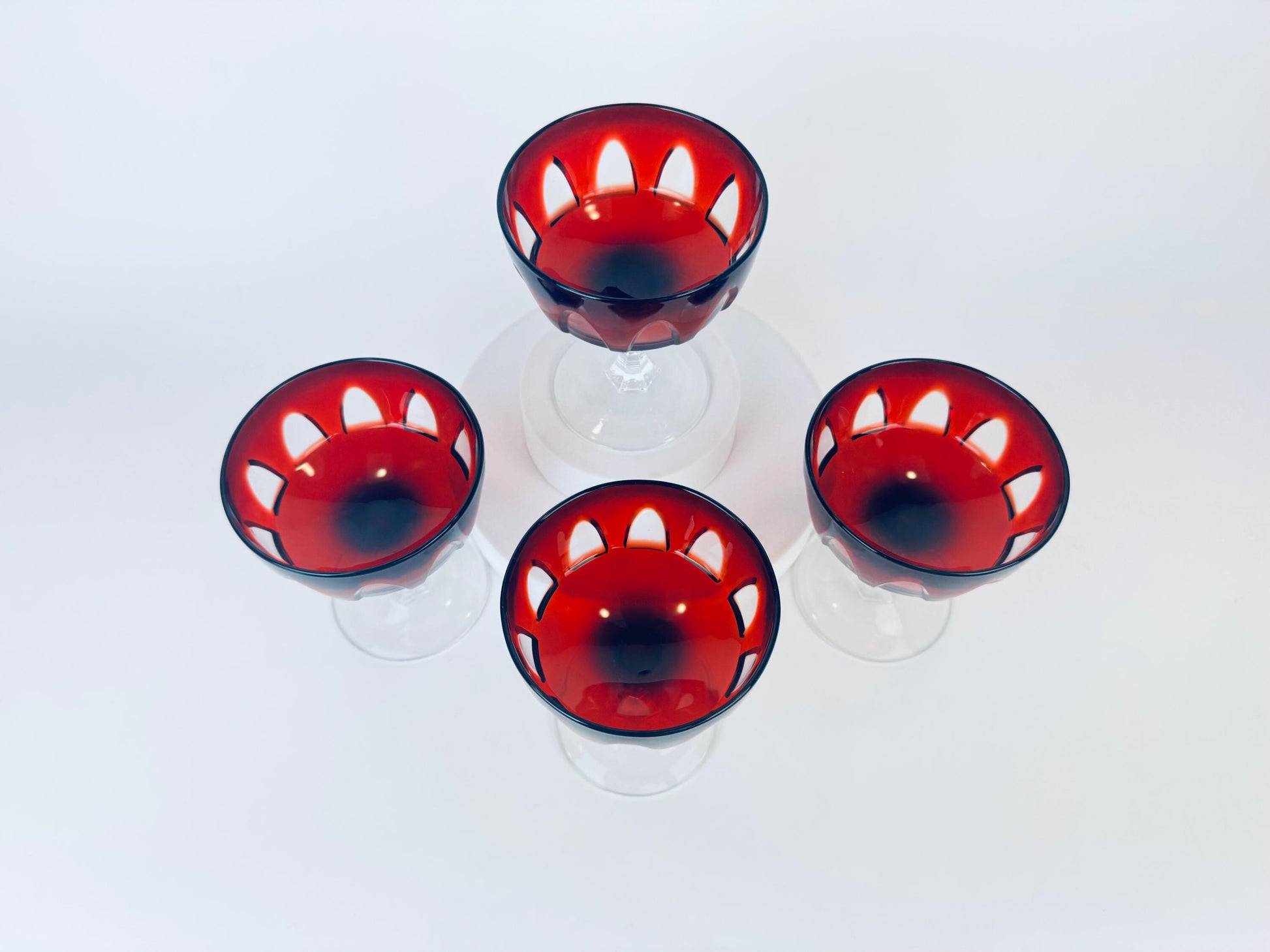 Product image for 'vintage cristal darques ruby red crystal champagne glasses mid century modern barware set of four 4 made in france' (view b369fa)