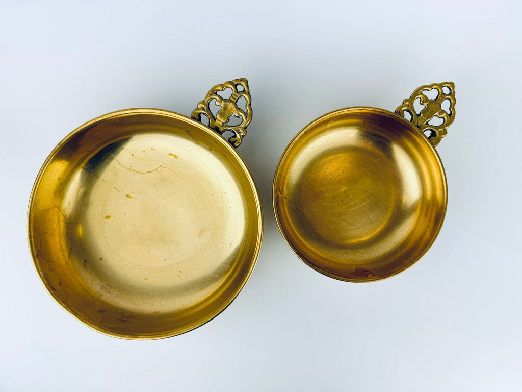 Product image for 'large ornate handled round brass bowls set of two 2 attractive aged metal patina' (view a660b3)