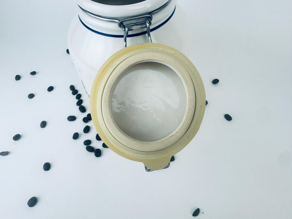 Product image for 'vintage 1990s beige blue ceramic coffee canister airtight countertop jar' (view 3ecc9f)