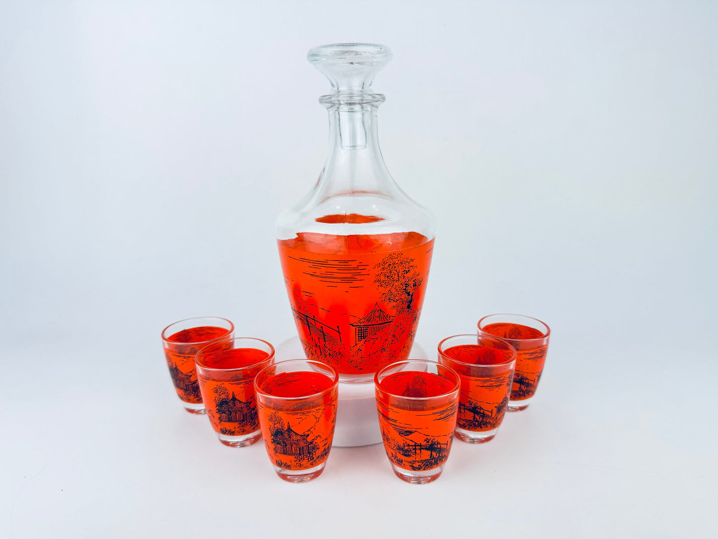 Product image for 'vintage orange black asian landscape print glass decanter shot glasses set of six 6 made in france barware gift' (view 73d2f2)