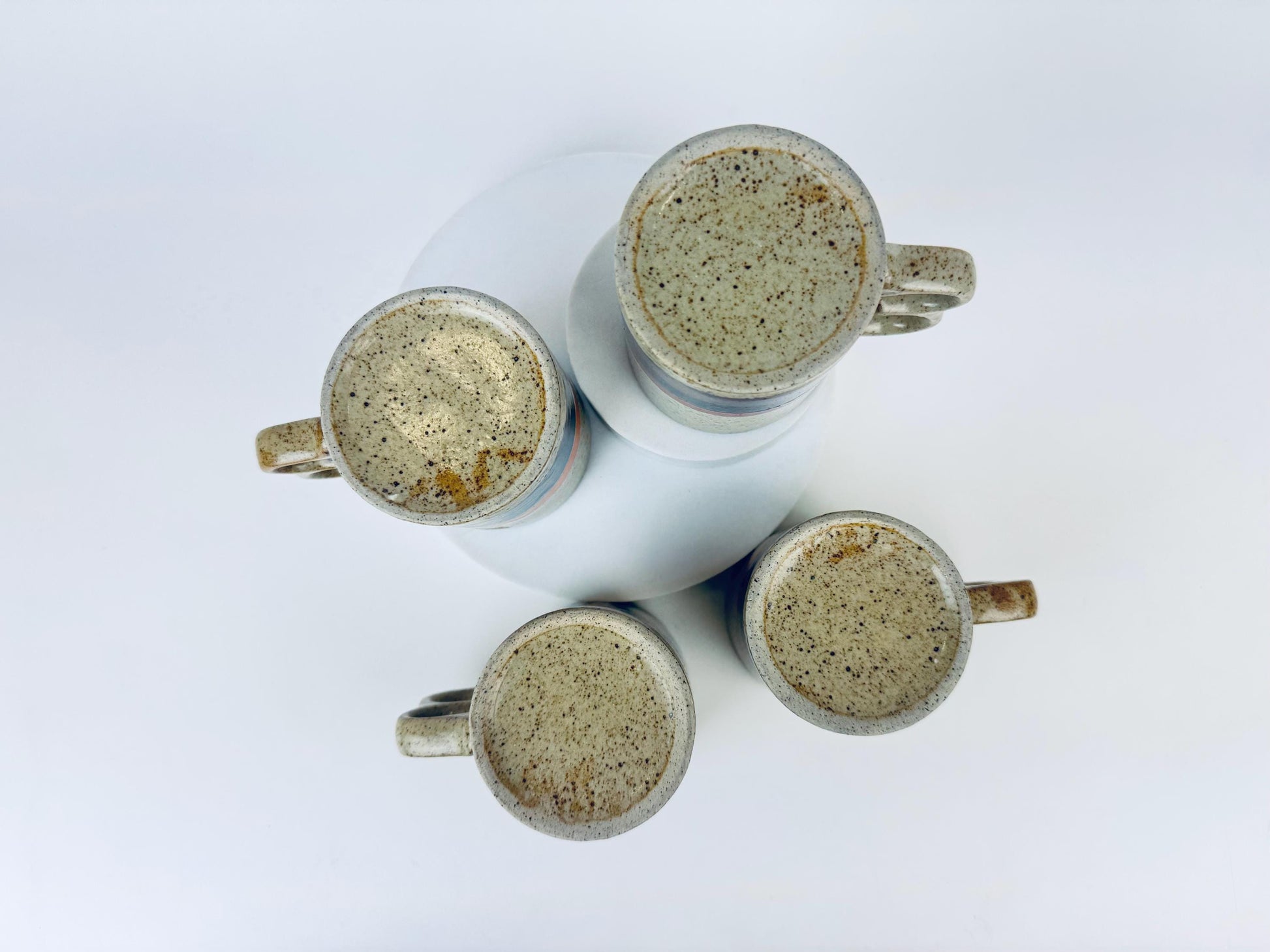 Product image for 'vintage 1970s stoneware mugs speckled glaze with bold stripes double loop handles set of 4 retro coffee cups' (view 28c9b3)