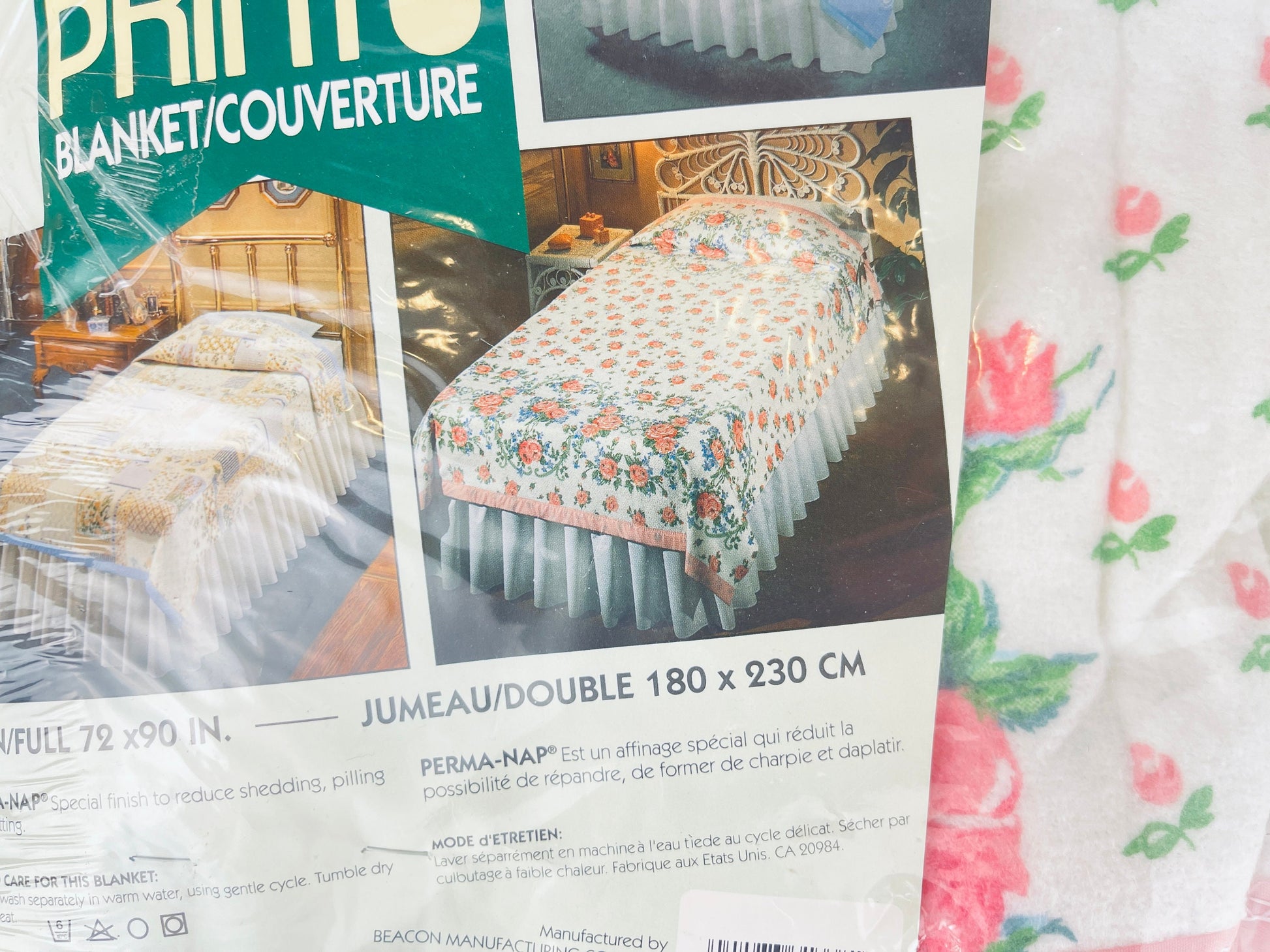 Product image for 'vintage beacon pink floral pattern double full blanket 72 x 90 pink satin ribbon trim nos new old stock made in usa' (view 7b2ab0)