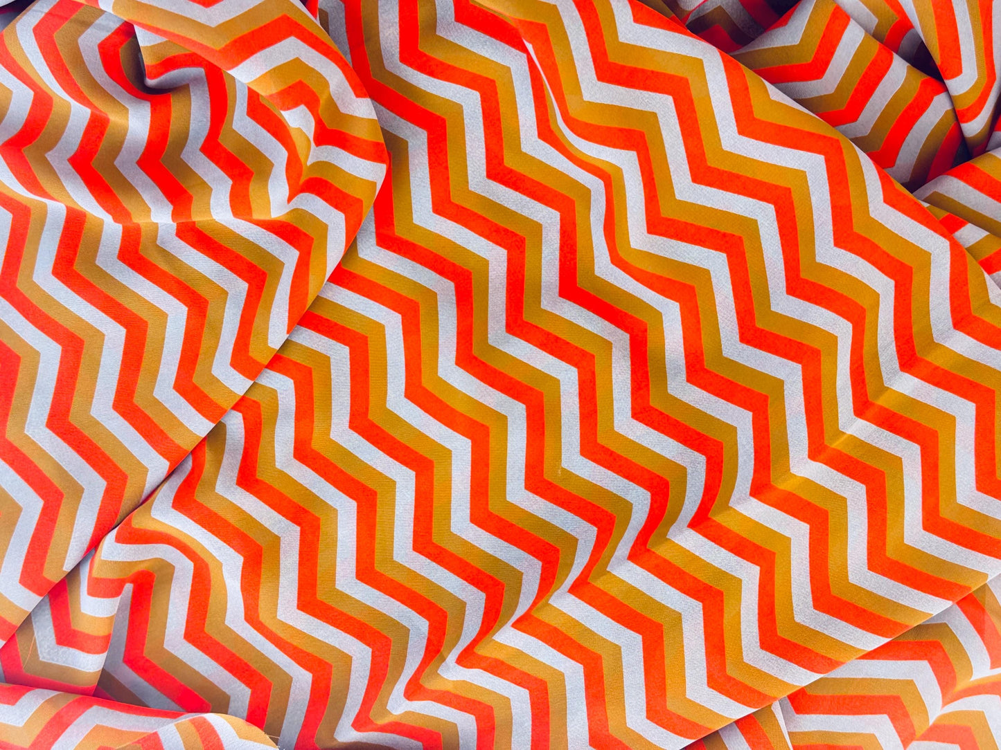 Product image for 'vintage orange brown grey semi sheer chevron print polyester fabric 45 x 62' (view 549a01)