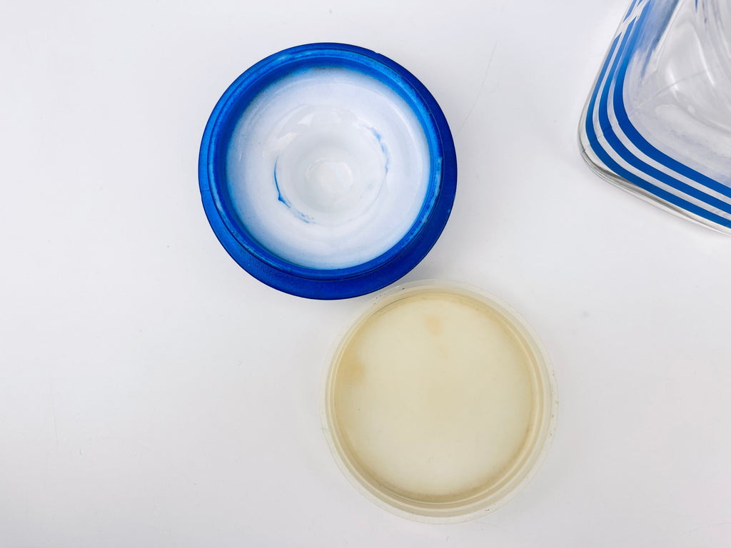 Product image for 'vintage 1980s blue striped glass jar with waffle lid airtight retro kitchen storage' (view 75d8bc)