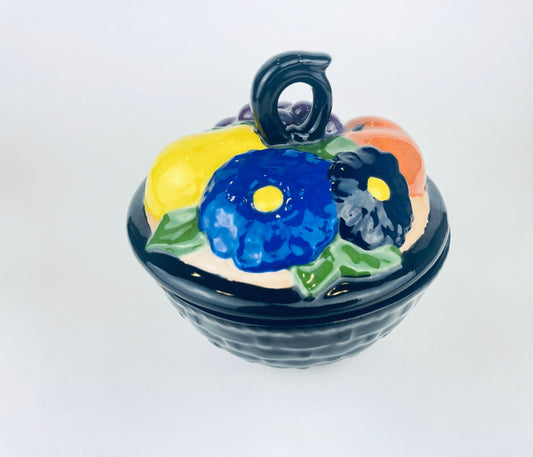 Product image for 'vintage round black ceramic fruit floral bowl with lid' (view cbbe72)