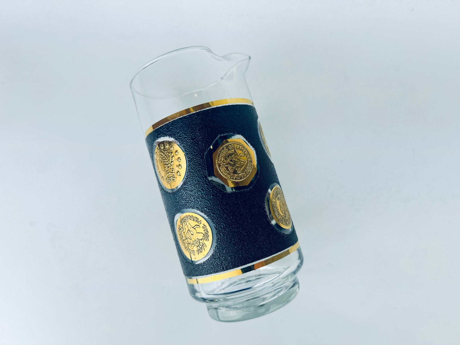 Product image for 'vintage cera black 22 kt gold american coin design glass barware cocktail decanter designed by bob wallack' (view d1829d)