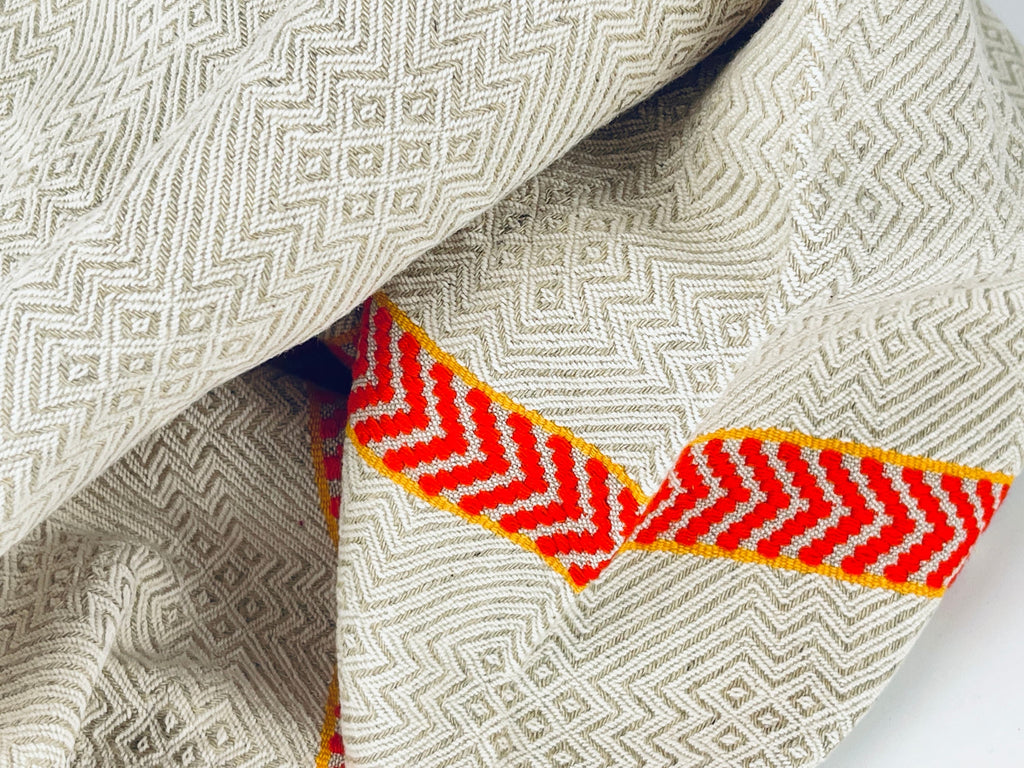 Product image for 'vintage beige white geometric print kitchen towel red yellow stripe 100 cotton' (view cd4421)