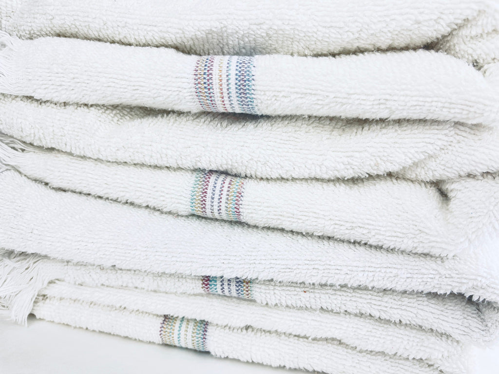 Product image for 'vintage cannon fringe rectangular bath towel pastel ribbon stripe pattern cotton polyester blend made in usa sold separately' (view b4910a)