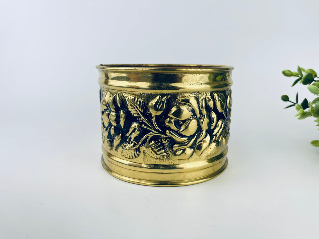 Product image for 'vintage embossed textured floral rose brass tub planter attractive aged metal patina made in england' (view 88f8d9)
