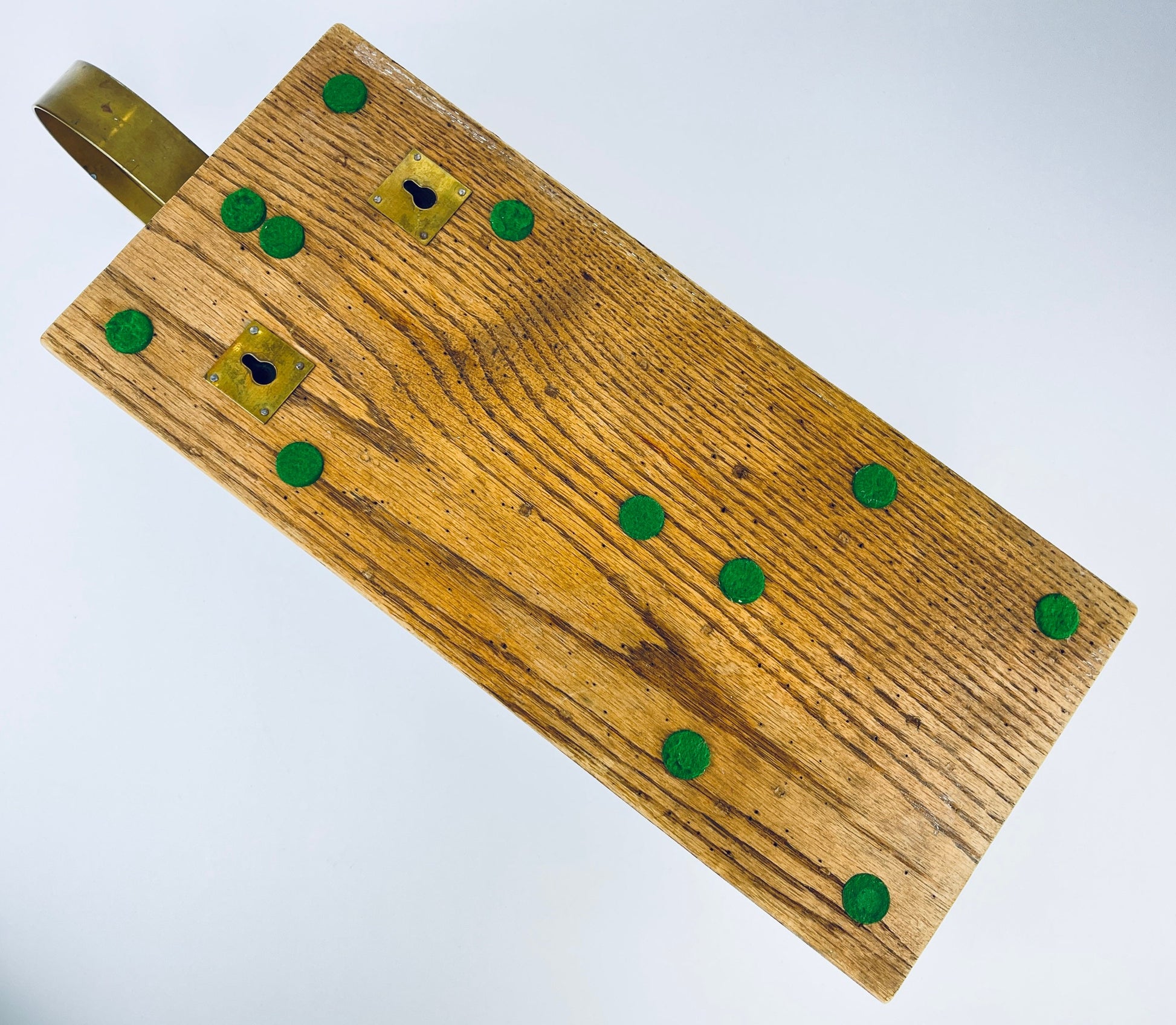 Product image for 'vintage oak wood brass wall mounted shelf organizer two large compartments attractive aged metal patina' (view 77ecaa)