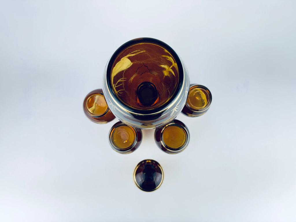 Product image for 'vintage dark brown gold striped egermann stag landscape barware set glass decanter four 4 roly poly glasses made in czechoslovakia' (view b755fe)