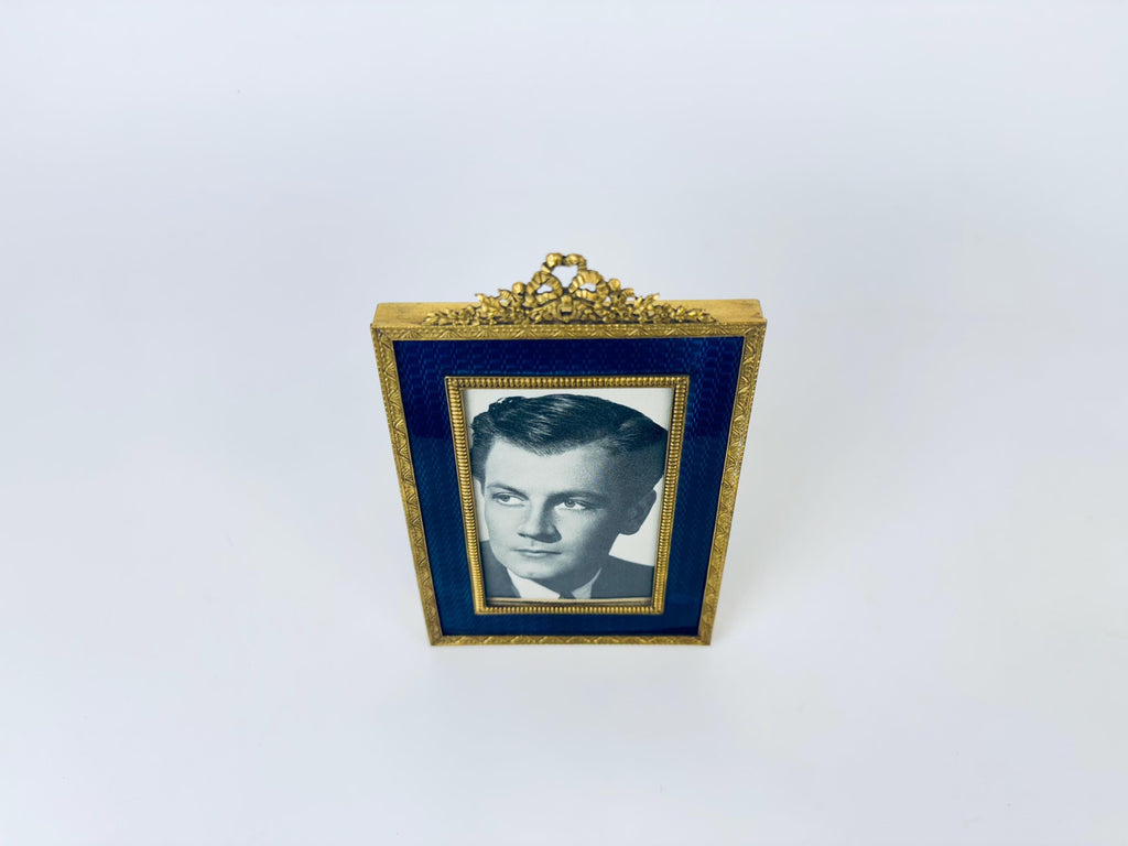Product image for 'vintage antique french art deco blue guilloche style enamel brass tabletop picture frame 3 x 4' (view 153195)