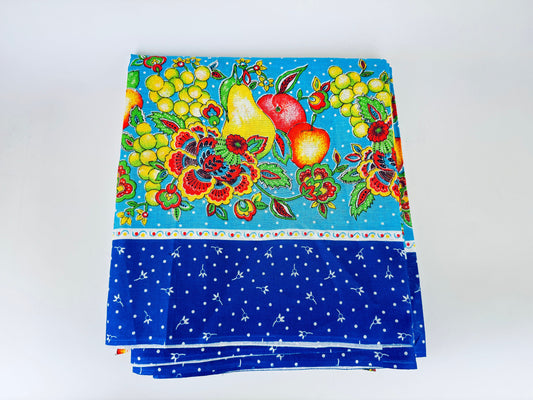 Vintage Blue + White Fruit + Floral Summer Rectangular Tablecloth - Cotton + Polyester Blend - Made In Italy