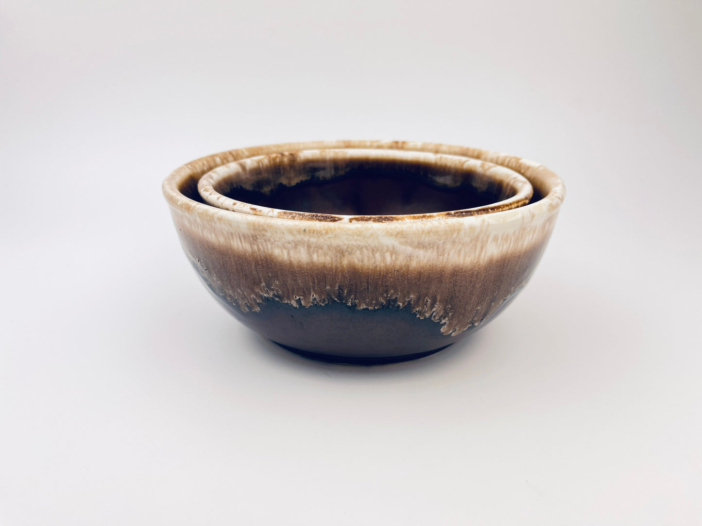Product image for 'vintage ceramic brown drip glazed usa nesting bowls set of two 2 california pottery' (view e15e67)