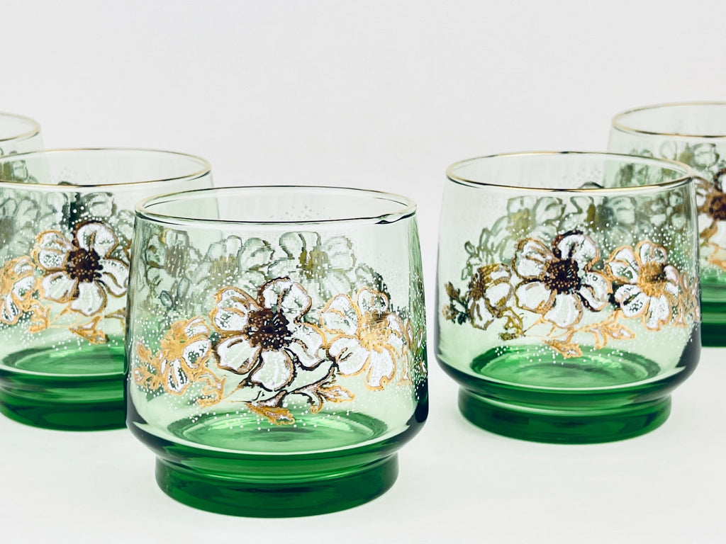 Product image for 'vintage green pedestal lowball glasses set of five 5 gold rimmed top white floral pattern dominion glass company' (view 500f9b)