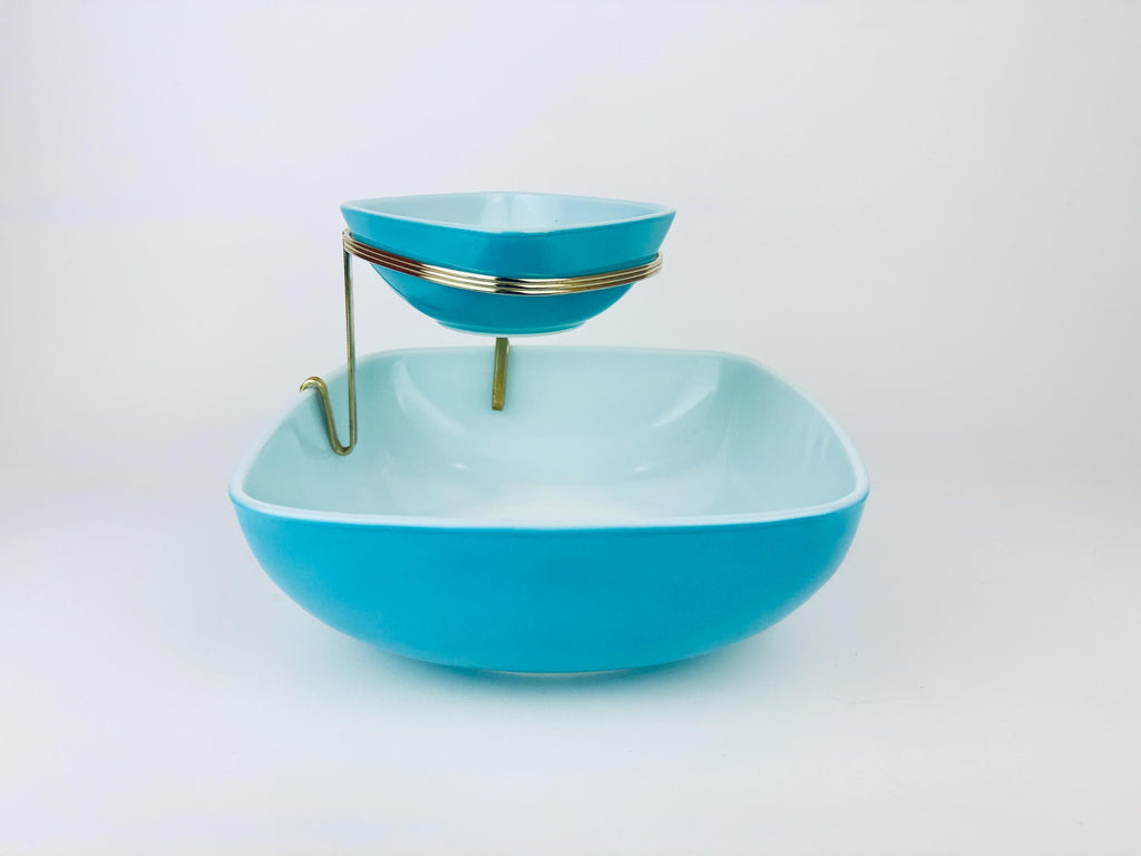 Product image for 'vintage rare pyrex chip n dip turquoise square glass bowl set made in usa promotional hostess collaboration 1959' (view 368502)