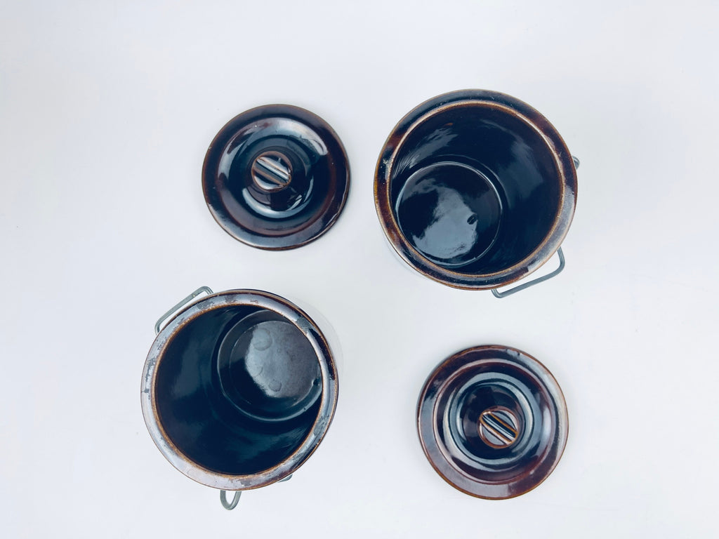 Product image for 'vintage brown drip glazed ceramic jar canister metal clasp top' (view 393bac)