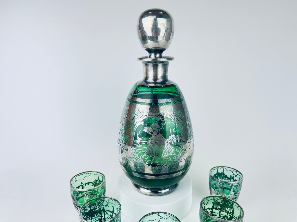 Product image for 'vintage emerald green silver overlay scene barware set glass decanter five 5 small shot glasses' (view f01a27)