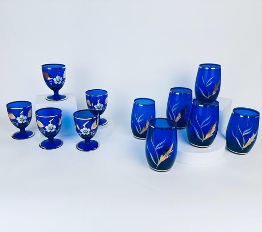 Product image for 'vintage cobalt blue glassware hand painted flowers gold rim small goblet and tumbler set' (view ef54e4)