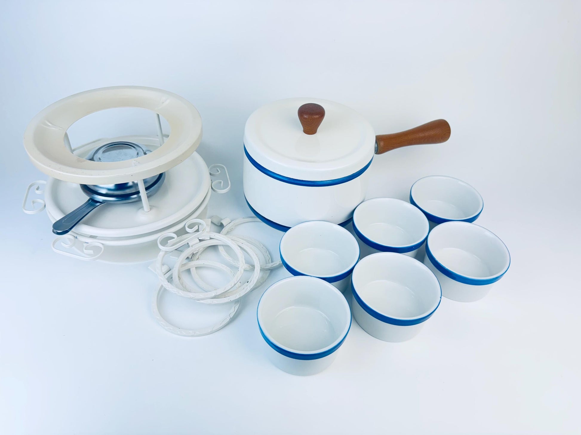 Product image for 'vintage white blue striped lazy susan fondue set' (view c90aba)
