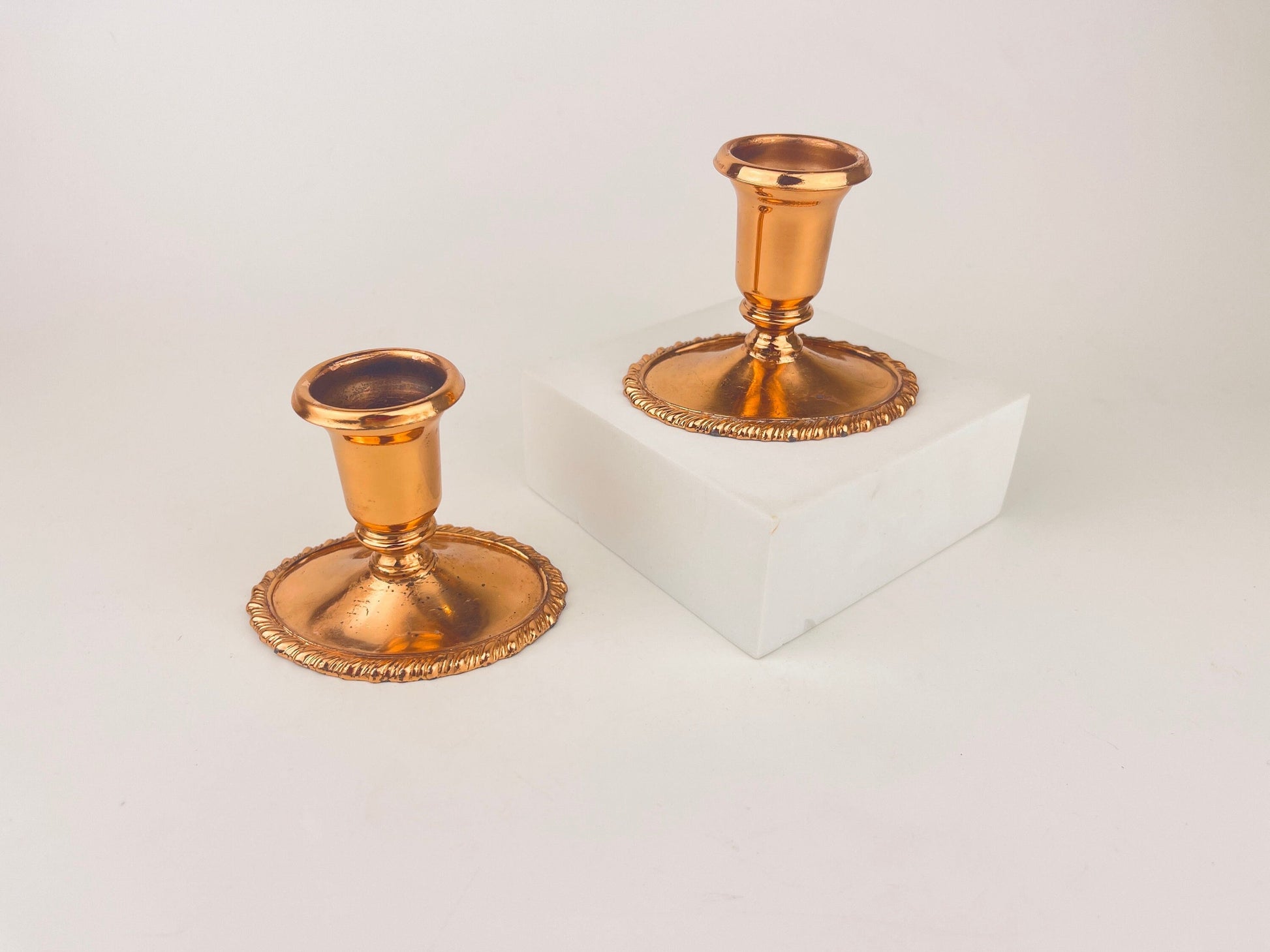 Product image for 'vintage copper plated candlestick holders set of two 2 coronet plate e p lead attractive aged metal patina' (view 6182bd)