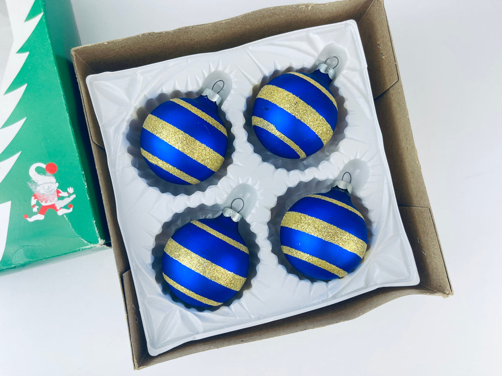 Product image for 'vintage blue gold striped glass christmas tree ornaments set of four 4 made in german democratic republic' (view 736864)