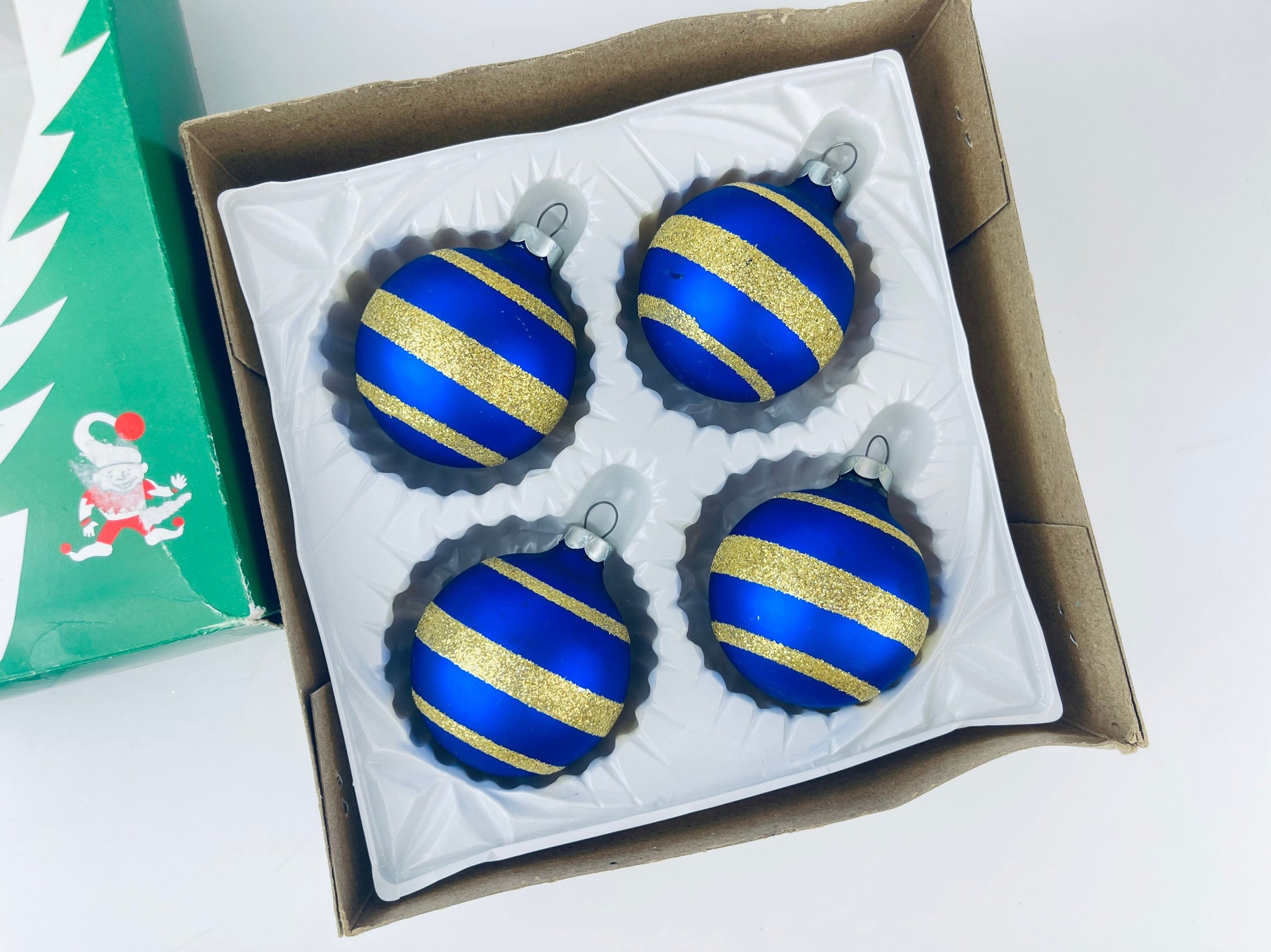 Product image for 'vintage blue gold striped glass christmas tree ornaments set of four 4 made in german democratic republic' (view 736864)
