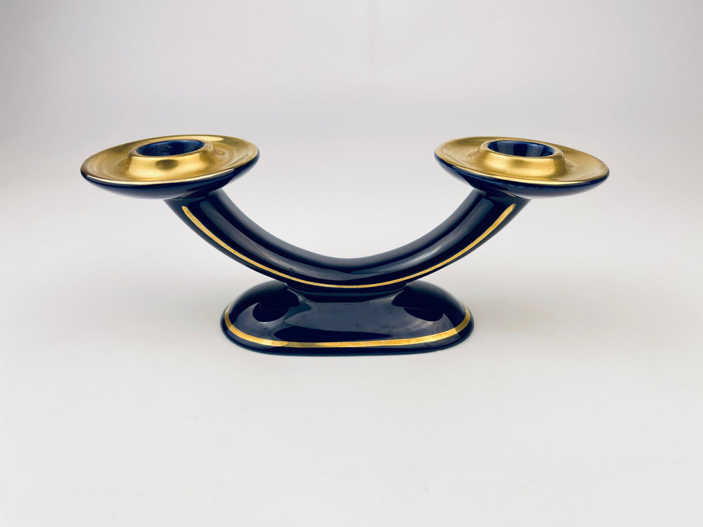 Product image for 'vintage cobalt blue gold porcelain dual candlestick holder made in west germany' (view f6a2a0)