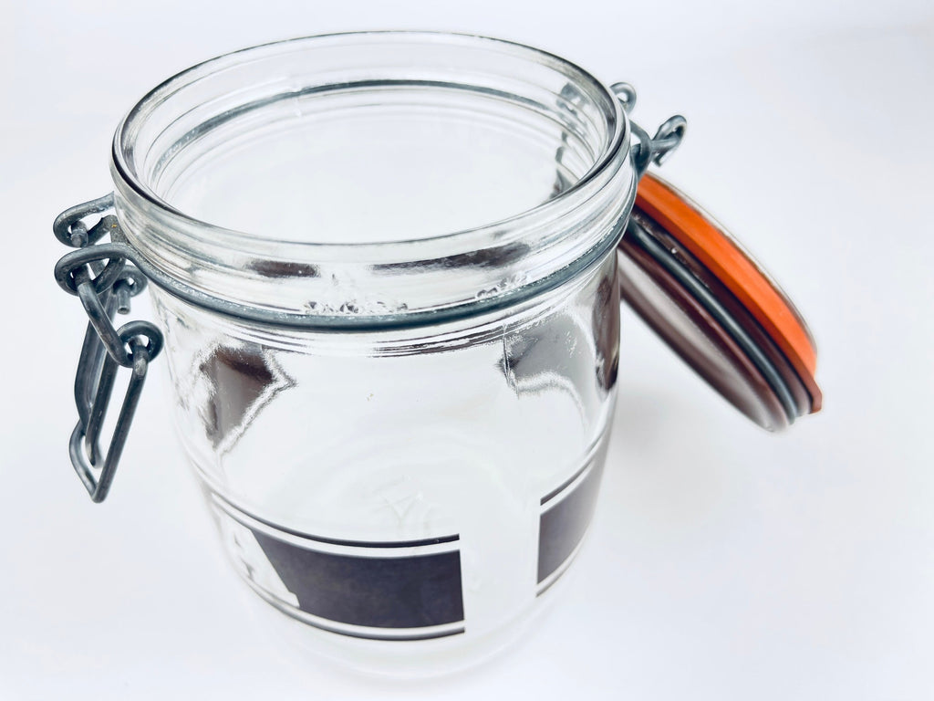Product image for 'vintage brown striped glass canister set 1980s kitchen storage with orange seals' (view a57d75)