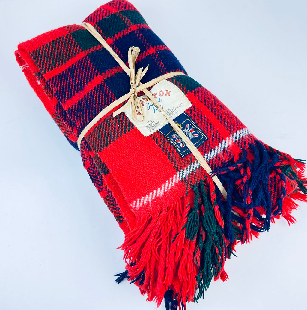 Product image for 'vintage kingston travel fringe rug blanket red blue plaid pattern wool acrylic blend made in the british isles' (view 3af0b3)