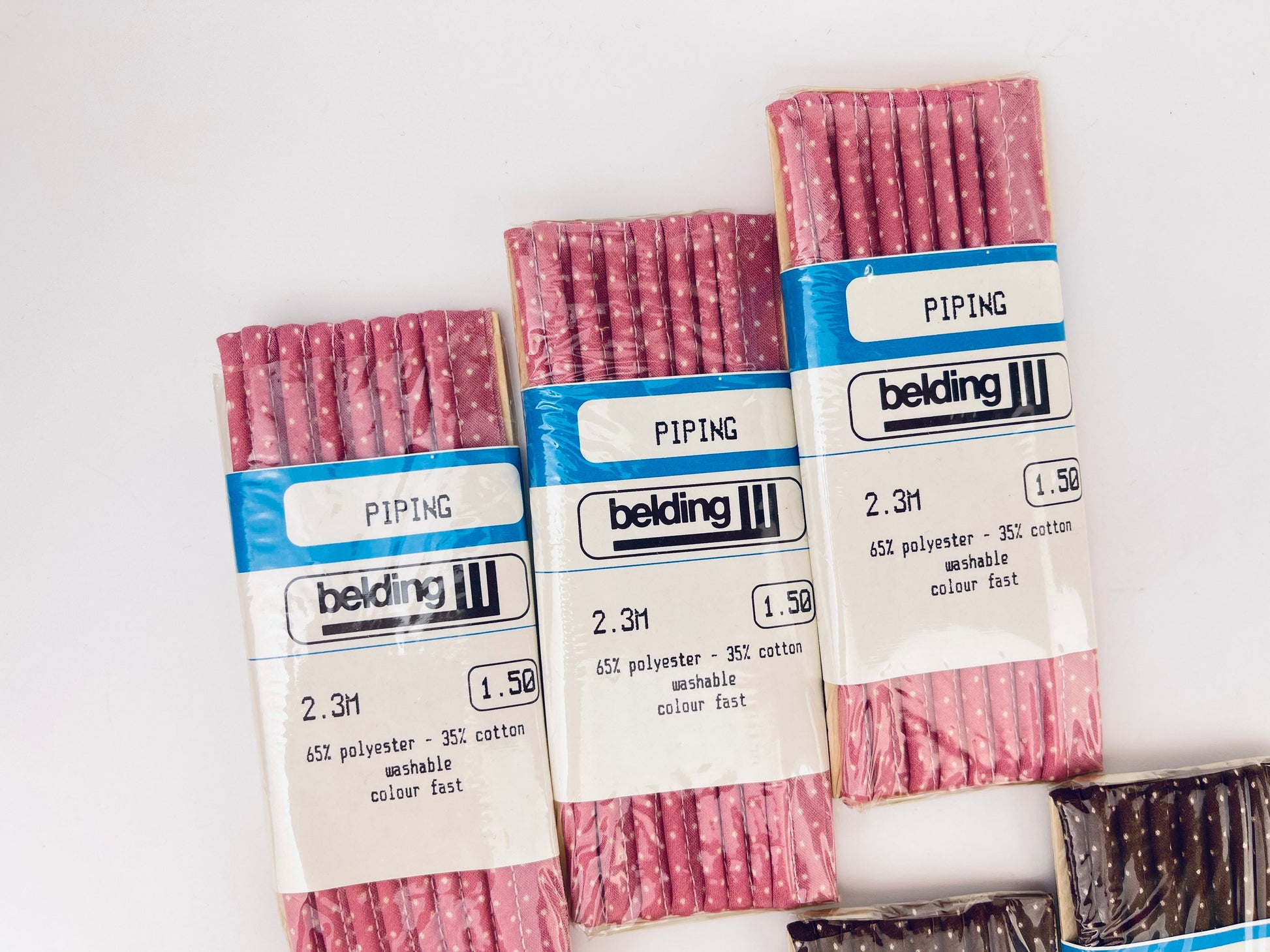 Product image for 'vintage piping tape dark brown pink polka dot pattern made in canada new old stock nos polyester cotton blend' (view 8899ce)