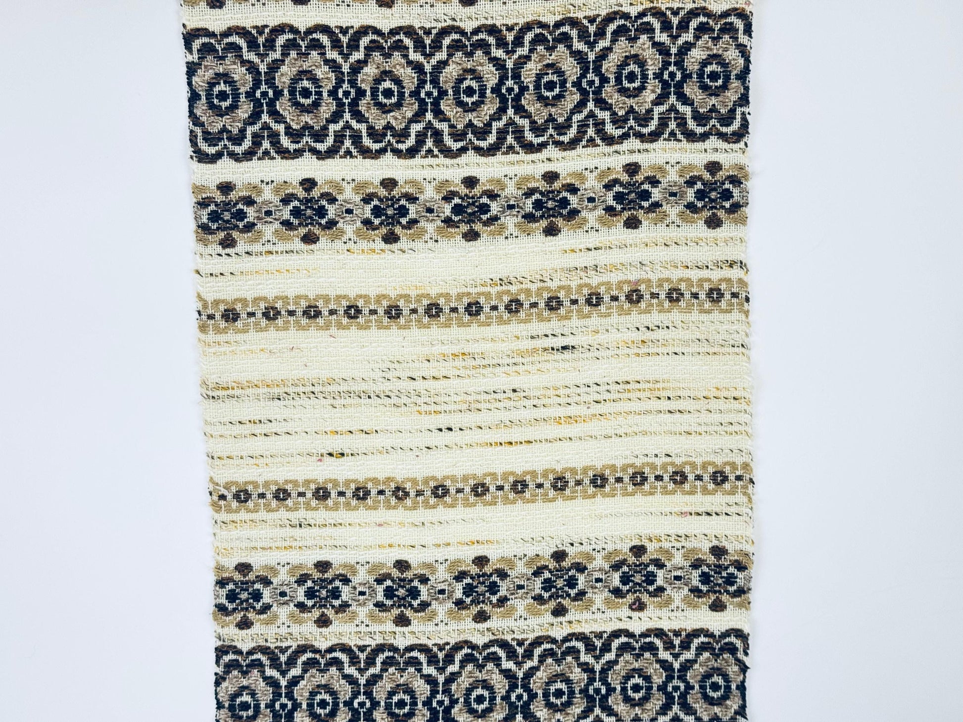 Product image for 'vintage 1970s beige brown floral woven table runner boho loomed textile with fringe ends 14 x 32' (view b9c99c)