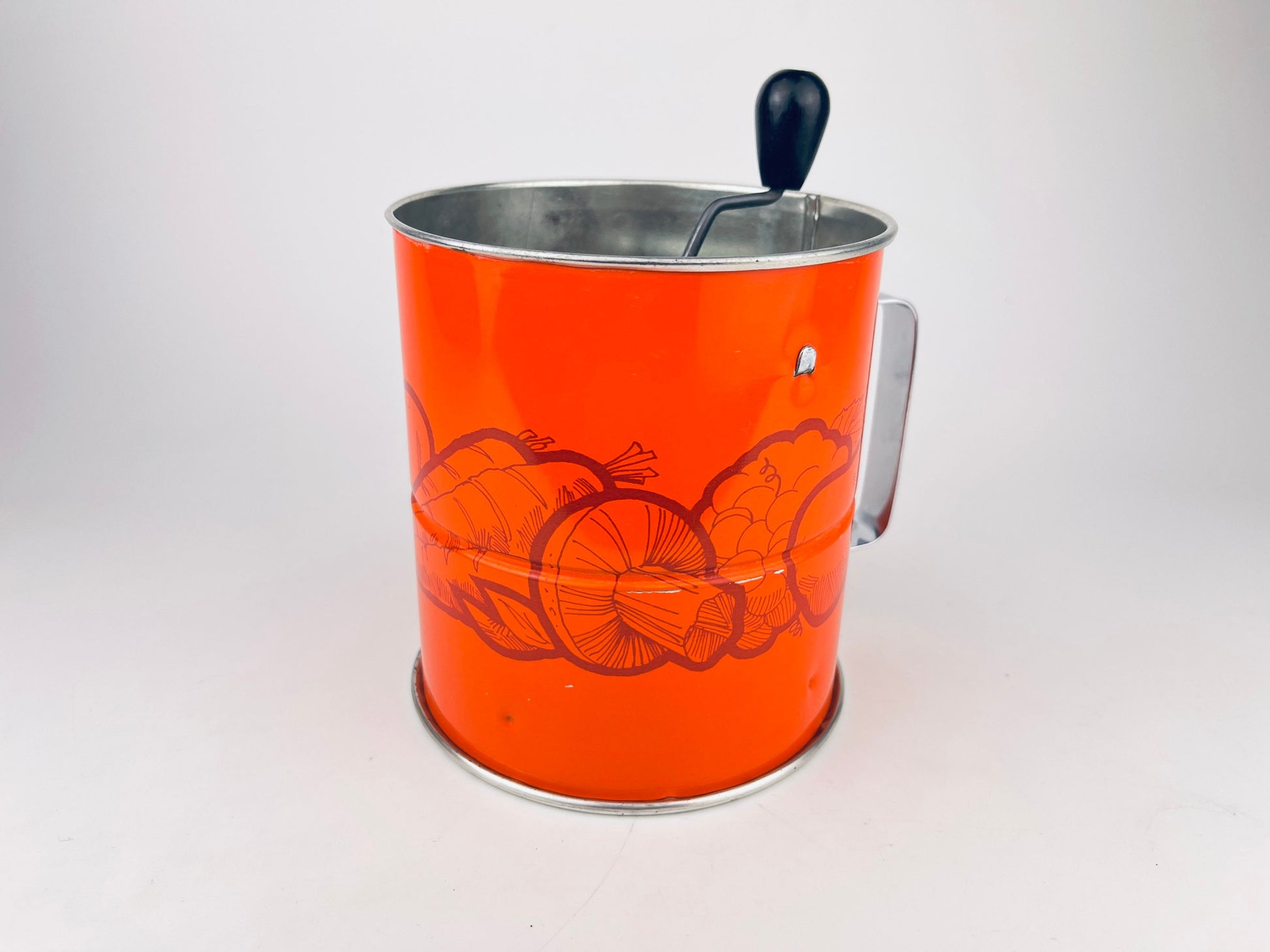 Product image for 'vintage orange metal flour sifter merry mushroom veggie pattern three 3 screen layers' (view cf0a5b)