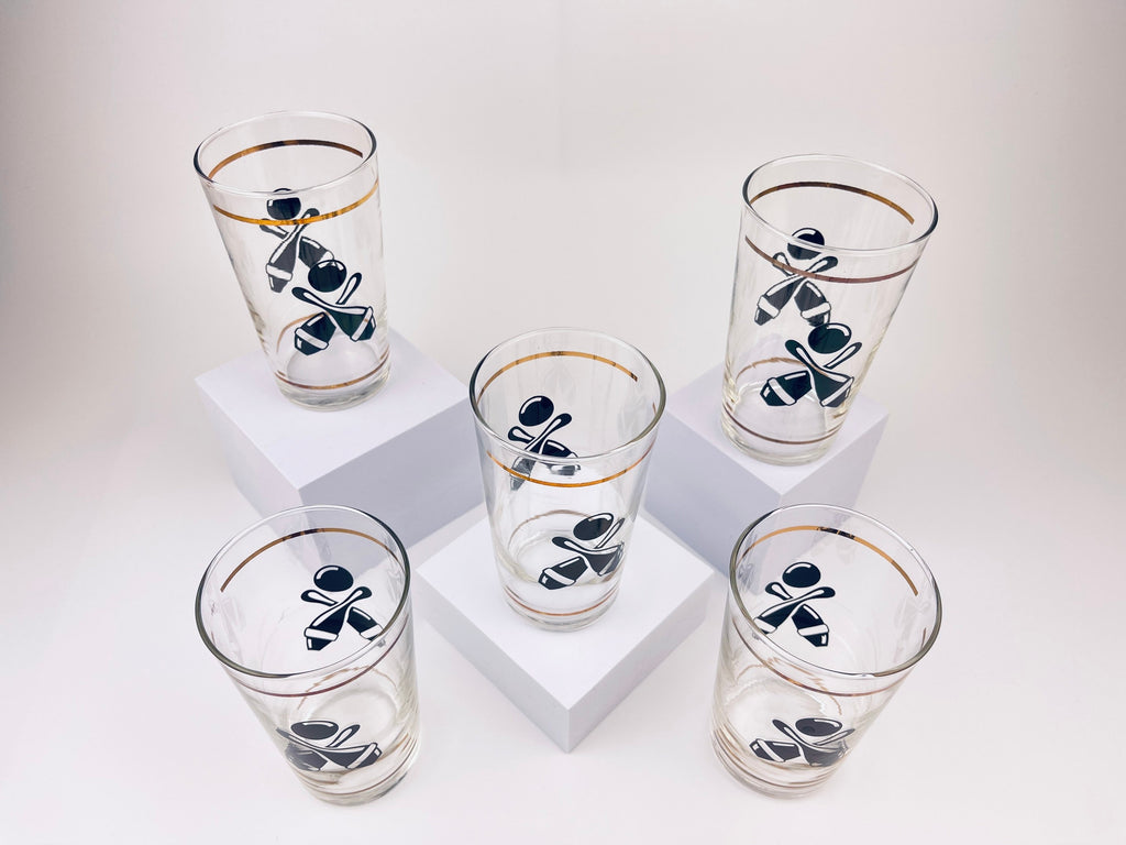 Product image for 'vintage bowling federal glasses set of five 5 tall clear glass with gold black' (view 6fea78)